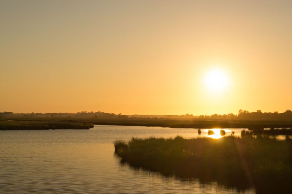 Lever de soleil paisible sur une rivière calme, évoquant l'ouverture et l'accessibilité de l'accompagnement